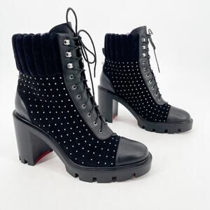 Christian Louboutin Black Dakita Lug 70 Studded Round Toe Combat Boot EU 38